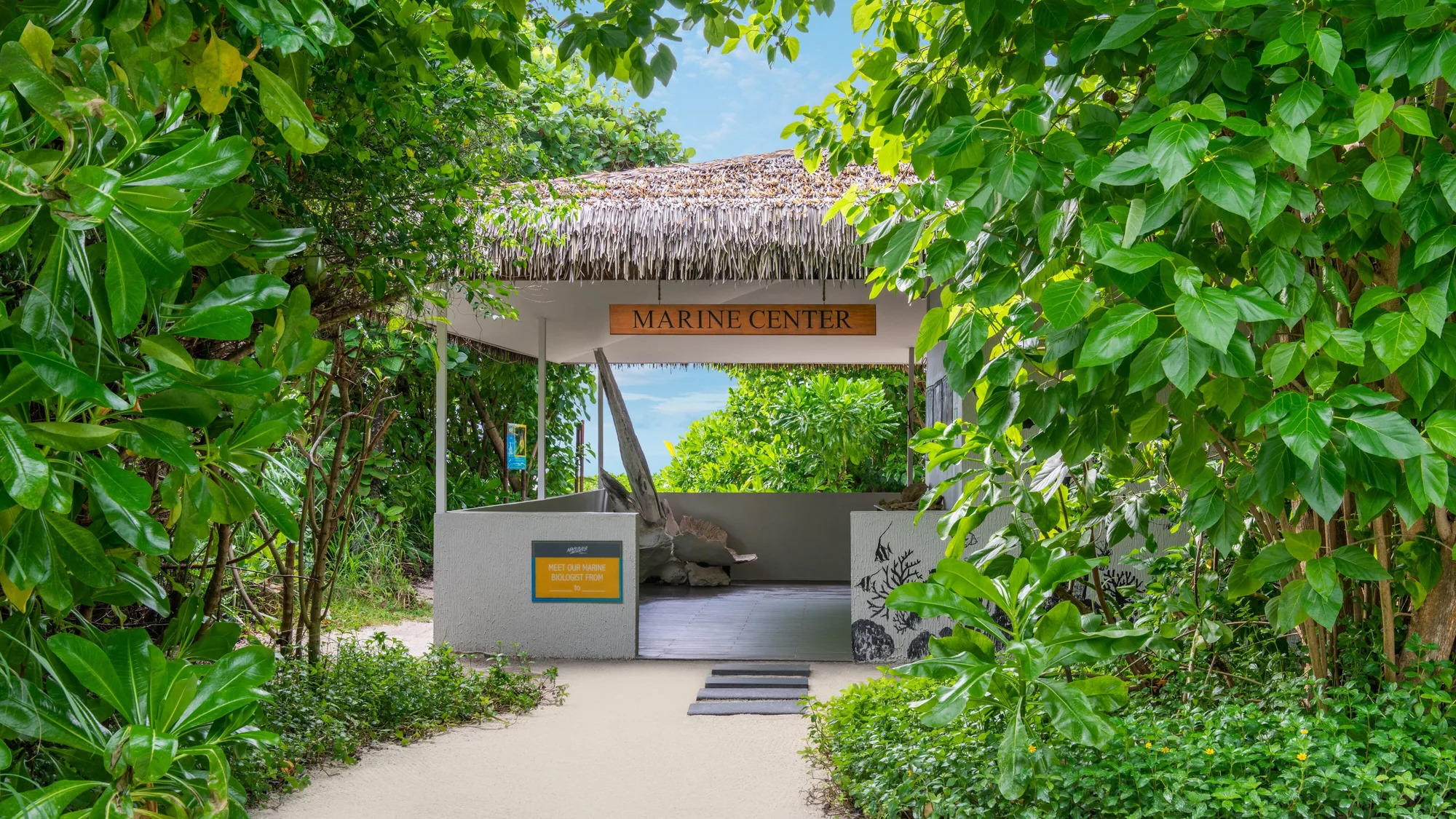 The entrance to a resort's marine centre, home to its resident marine biologist